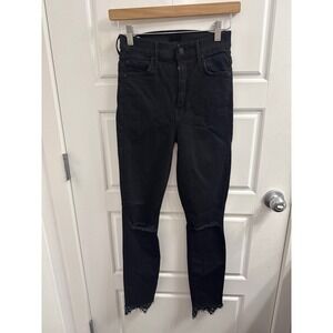 MOTHER The Swooner Dagger Ankle Fray Jeans Black Distressed Lace Hem‎ 25